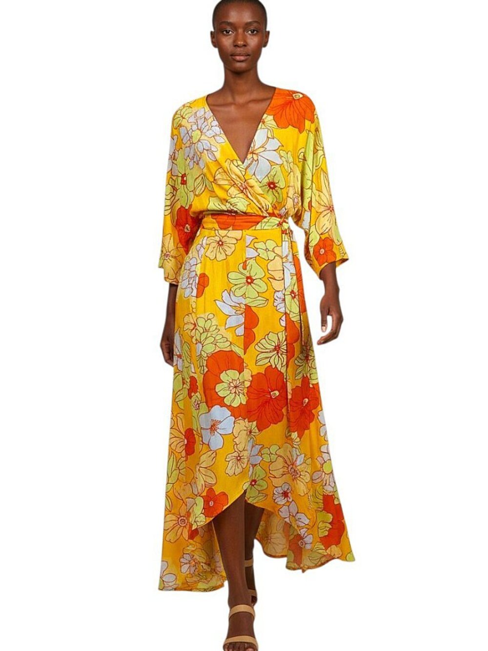 ModCloth Living That Resort Life Wrap Maxi Kimono Dress Honolulu Floral Yellow S